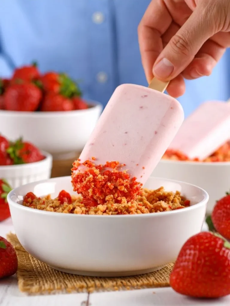 Strawberry Shortcake Ice Cream Bars Recipe: Easy No-Churn Recipe 13 dipping ice cream bar into crumb coating