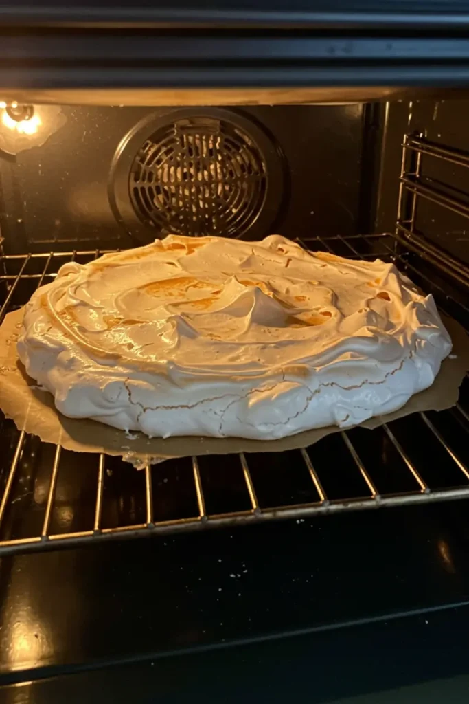 Nigella Chocolate Pavlova: Make Easy Sweet Recipe 19 Chocolate meringue baking in oven, developing a crisp shell
