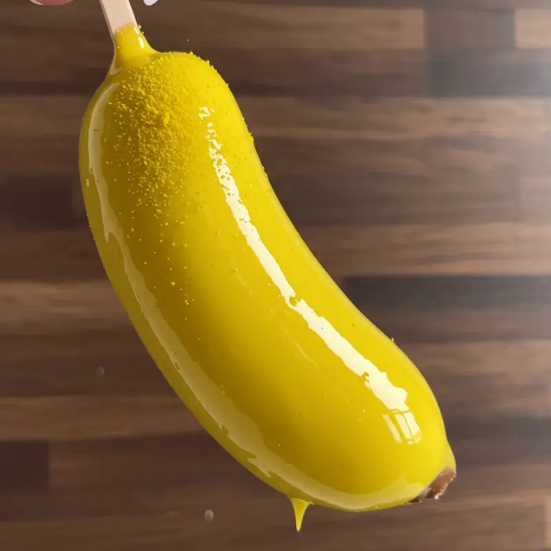 Banana Shaped Ice Cream Dessert: 3 Viral and Delicious Recipes 12 Banana-shaped dessert being dipped in yellow melted chocolate