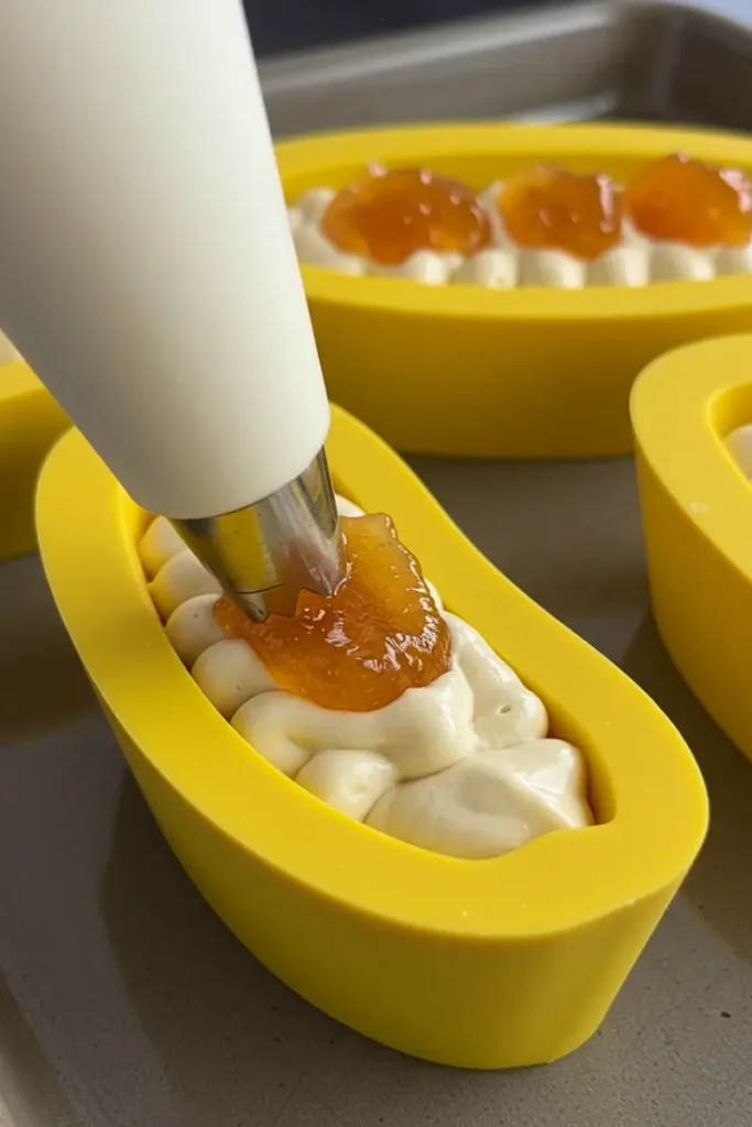 Banana Shaped Pastry 18 Banana mold filled with whipped ganache and insert