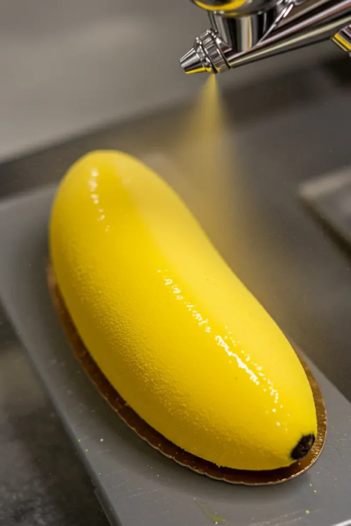 Banana Shaped Pastry 21 Banana pastry being sprayed with yellow cocoa butter coating