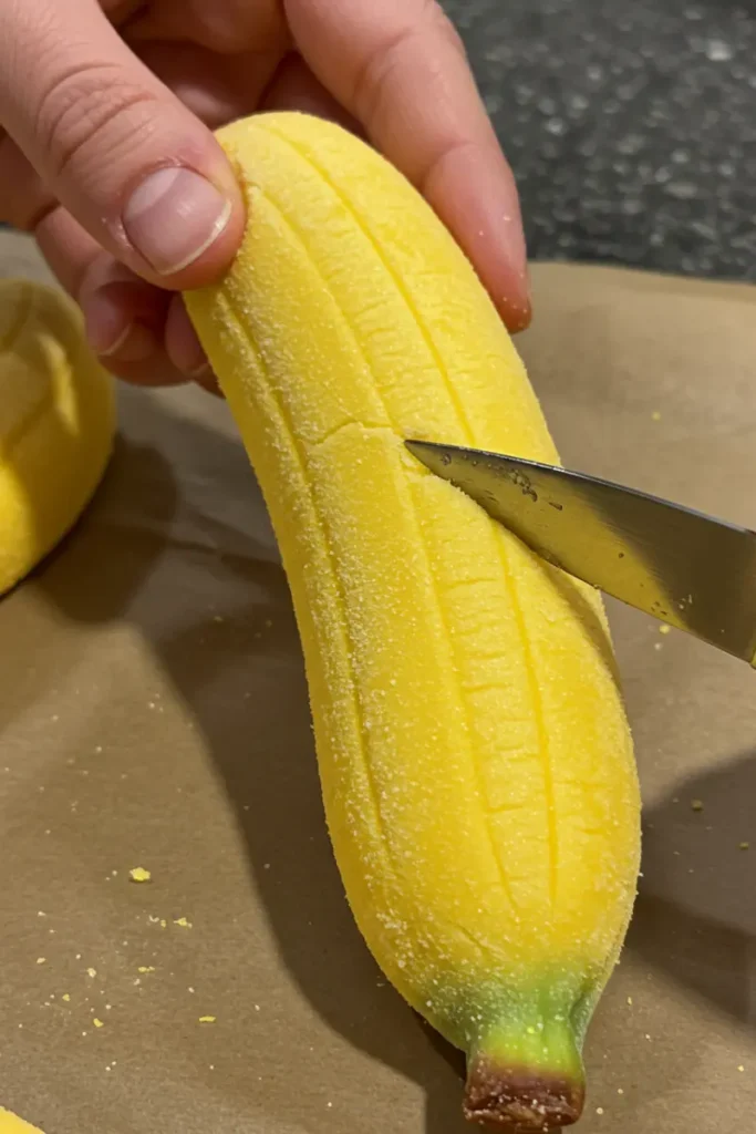 Banana Shaped Pastry 20 Banana shaped pastry being scored with a knife for detail