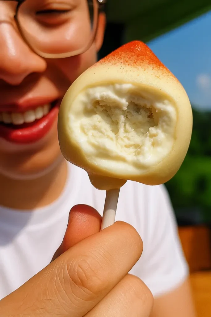 Asian Fruit Ice Cream: Top 5 Most Popular Flavors Right Now 9 creamy mousse center exposed in a peach asian fruit ice cream bar