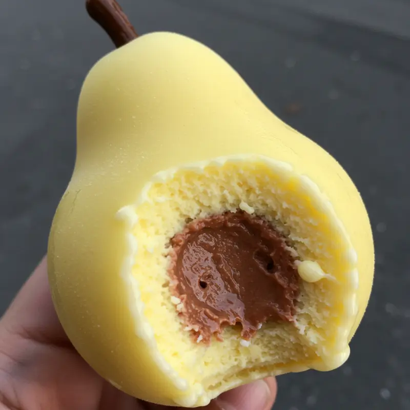 Pear Shaped Ice Cream: Where to Buy it & How to Make it at Home 10 bitten light yellow pear shaped gelato revealing fruity pink filling