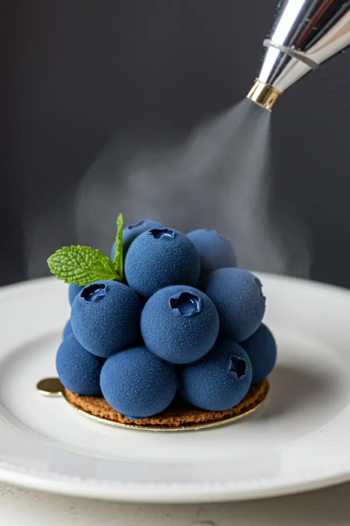 Blueberry shaped Pastry 19 Airbrushing chocolate velvet coating on blueberry pastry