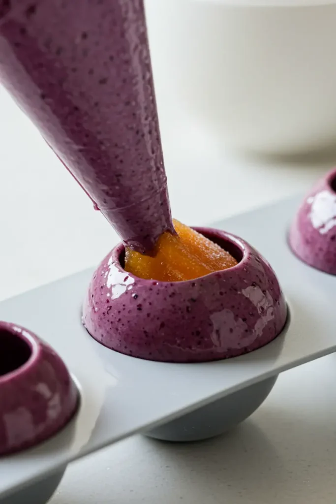 Blueberry shaped Pastry 18 Dough being filled with blueberry cream for blueberry shaped pastry