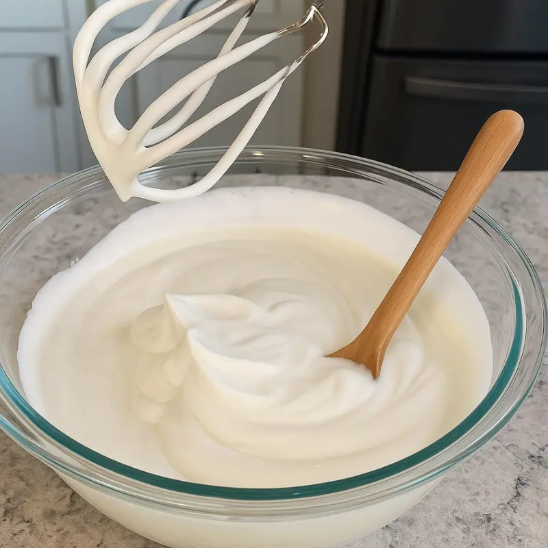 Coconut Ice Cream In Shell 7 Soft peaks of whipped cream in a bowl with mixer and whisk nearby