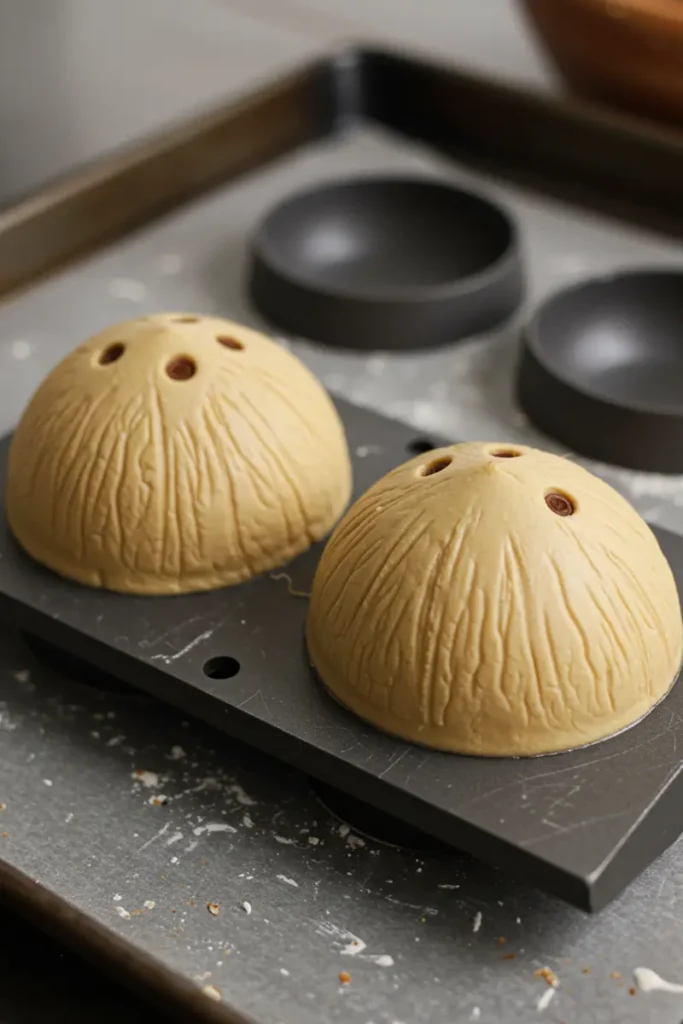 Coconut Shaped Pastry 5 Molded coconut shaped pastry with velvet-textured chocolate shell