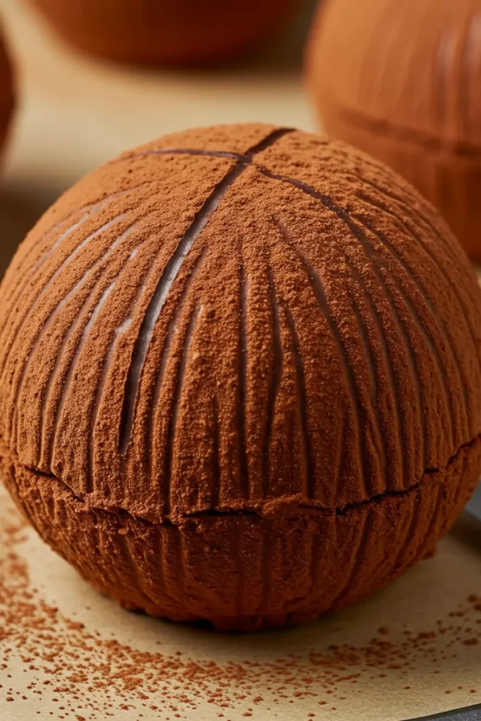 Coconut Shaped Pastry 6 Velvet shell of a coconut shaped pastry coated with cocoa butter