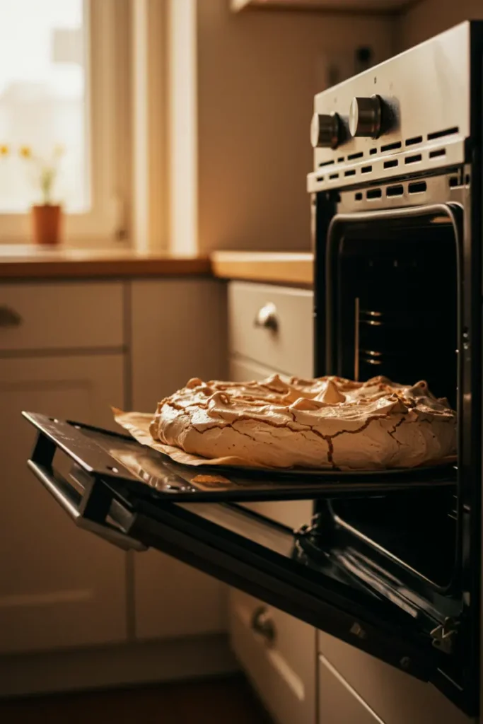 Nigella Chocolate Pavlova: Make Easy Sweet Recipe 20 Oven door cracked open to let pavlova base cool slowly