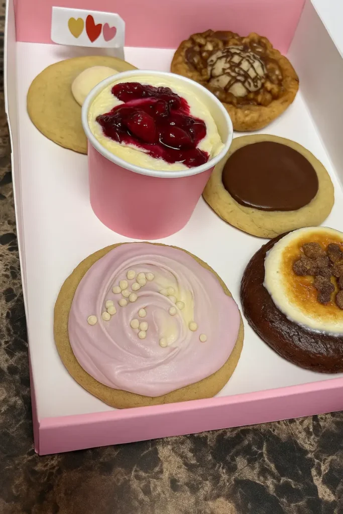 New Crumbl Cookie Kardashian Flavor: Ingredients and Cost 10 Variety of Crumbl Kardashian cookies inside a pink box