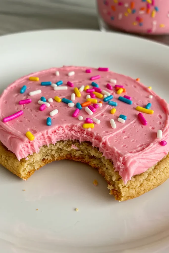 Crumbl Kardashian Cookies: 6 Delicious Picks to Try Right Now 13 A pink frosted Crumbl Kardashian Cookie covered in rainbow sprinkles
