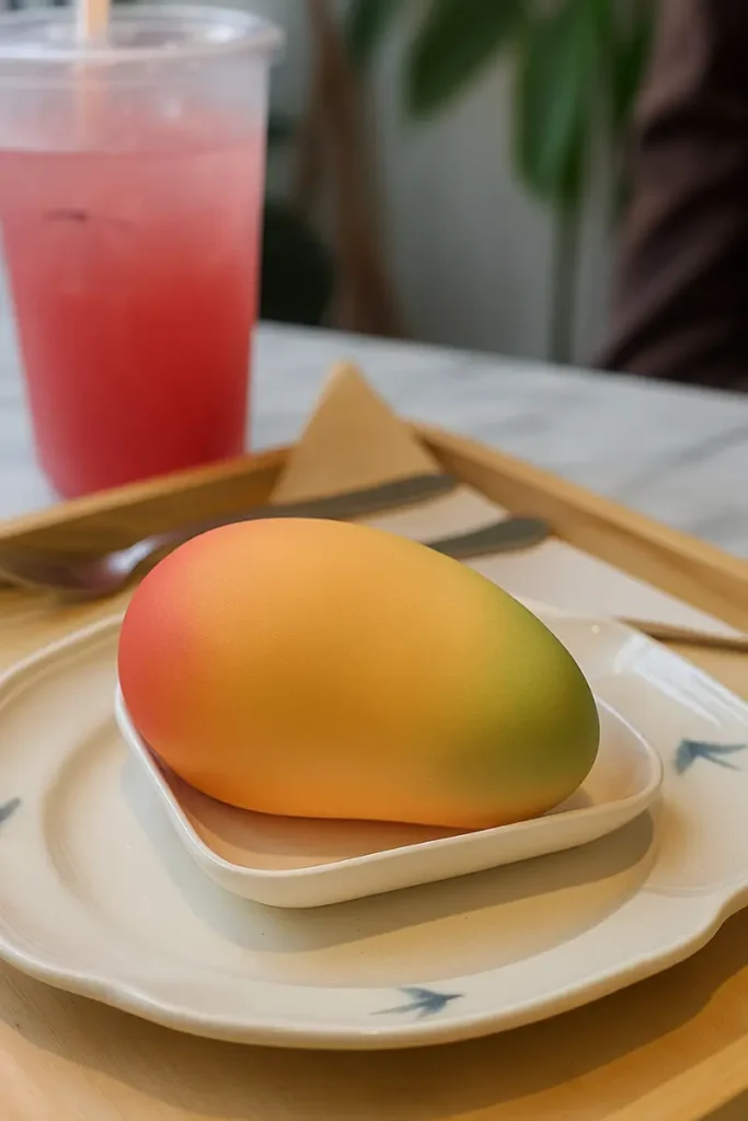 Mango Shaped Pastry 9 Fork slicing into a beautifully decorated mango-shaped dessert