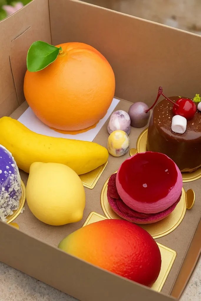 Fruit Shaped Pastries 11 Cherry, lemon, and plum-shaped pastries on a wooden tray
