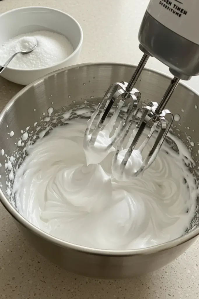 Nigella Chocolate Pavlova: Make Easy Sweet Recipe 16 Egg whites whipped into stiff glossy peaks in a mixing bowl