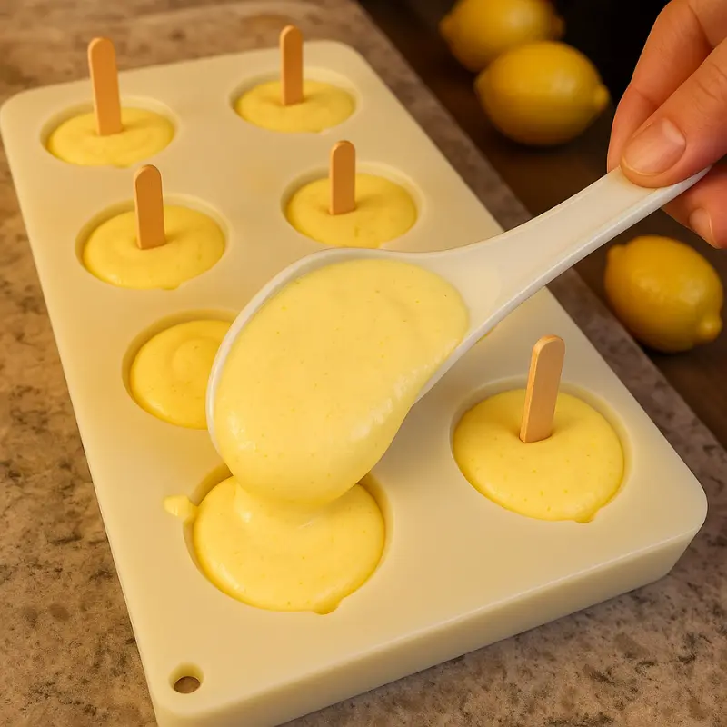 Propitious Lemon Shaped Ice Cream 22 Lemon-shaped silicone molds filled with lemon ice cream mixture