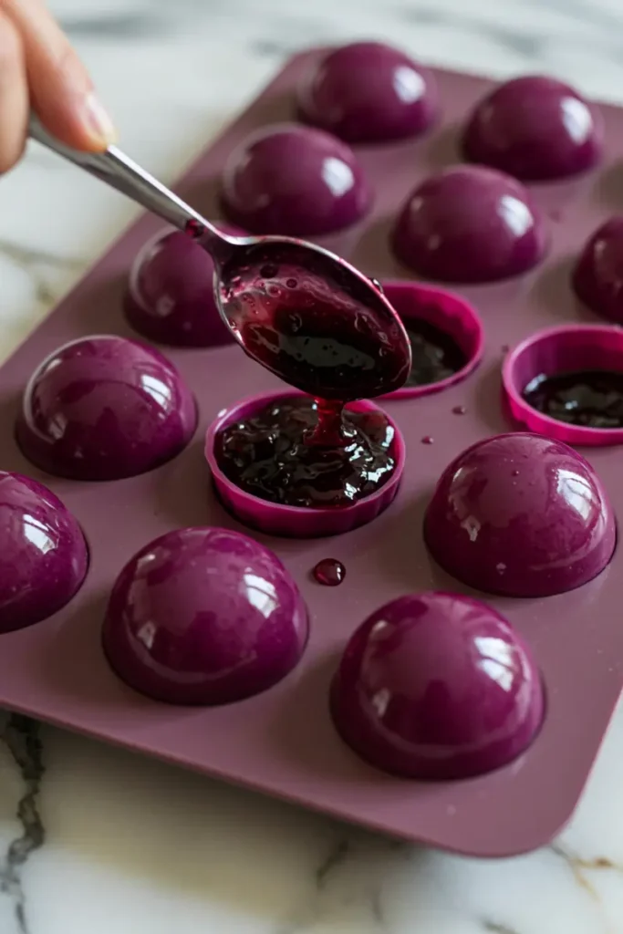 Grape Shaped Pastry 6 Grape jam being spooned into silicone molds