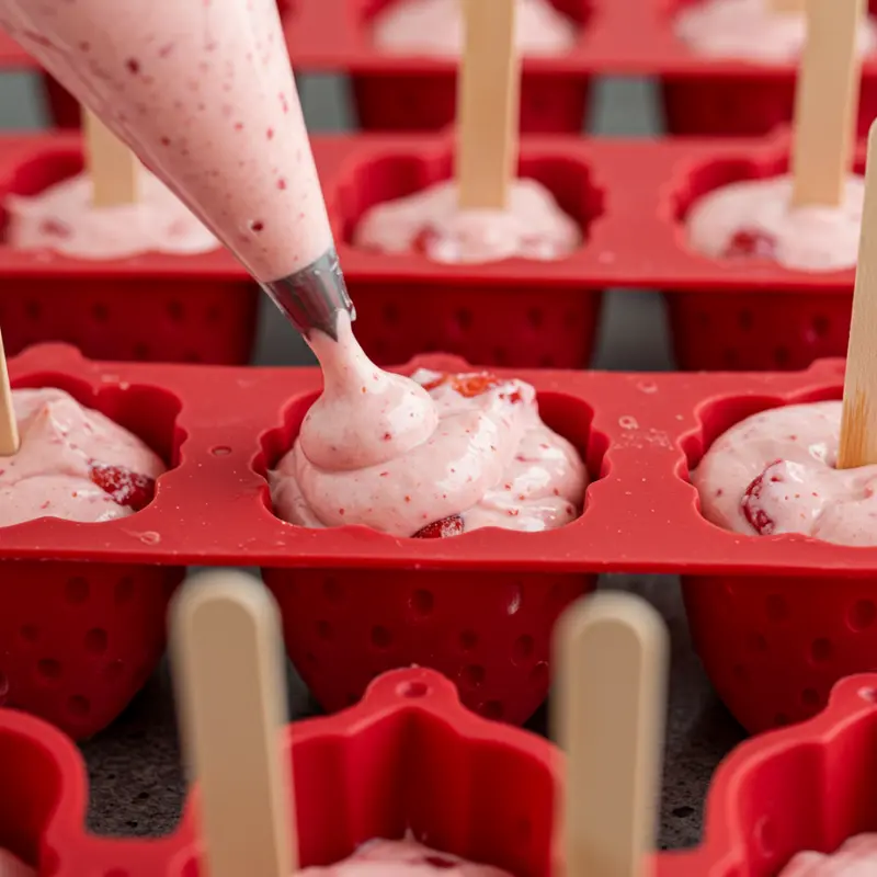 Strawberry Shaped Ice Cream 21 Filling strawberry-shaped silicone molds with ice cream mix