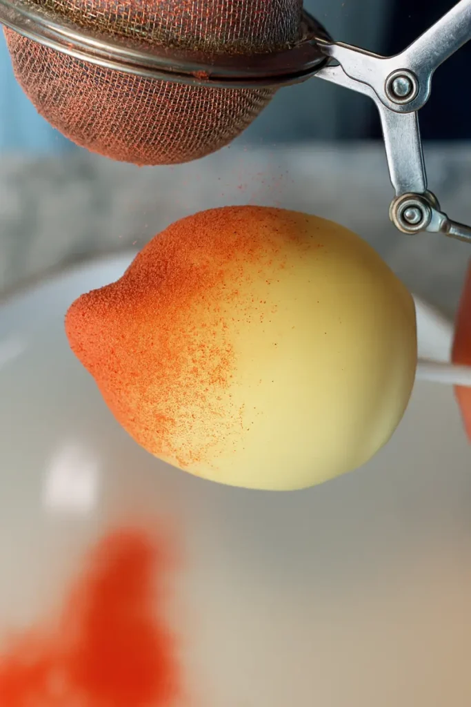 Viral Peach Ice Cream Recipe 26 red peach powder sprinkled on white chocolate peach ice cream