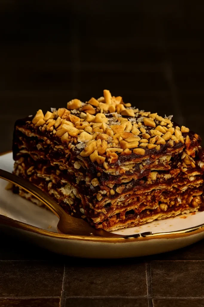 Rich and Easy Passover Dessert Recipes for 2025 11 Tall chocolate matzo cake layered with whipped filling and pistachios