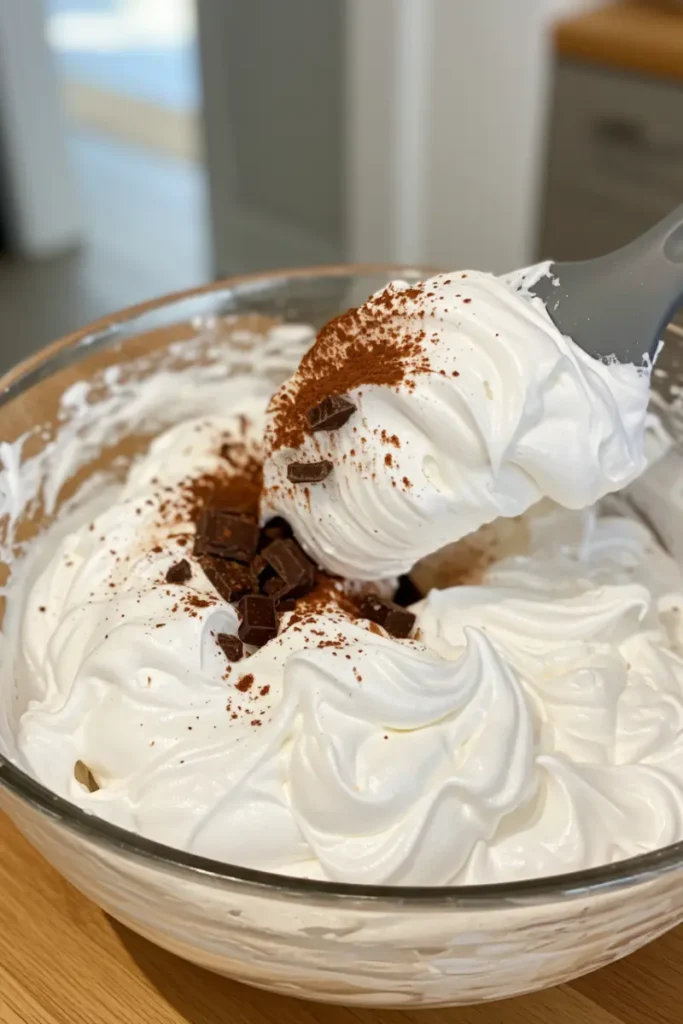 Nigella Chocolate Pavlova: Make Easy Sweet Recipe 17 Cocoa powder and chopped chocolate being folded into whipped egg whites