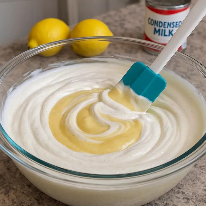 Propitious Lemon Shaped Ice Cream 21 Lemon puree being folded into whipped cream with a spatula