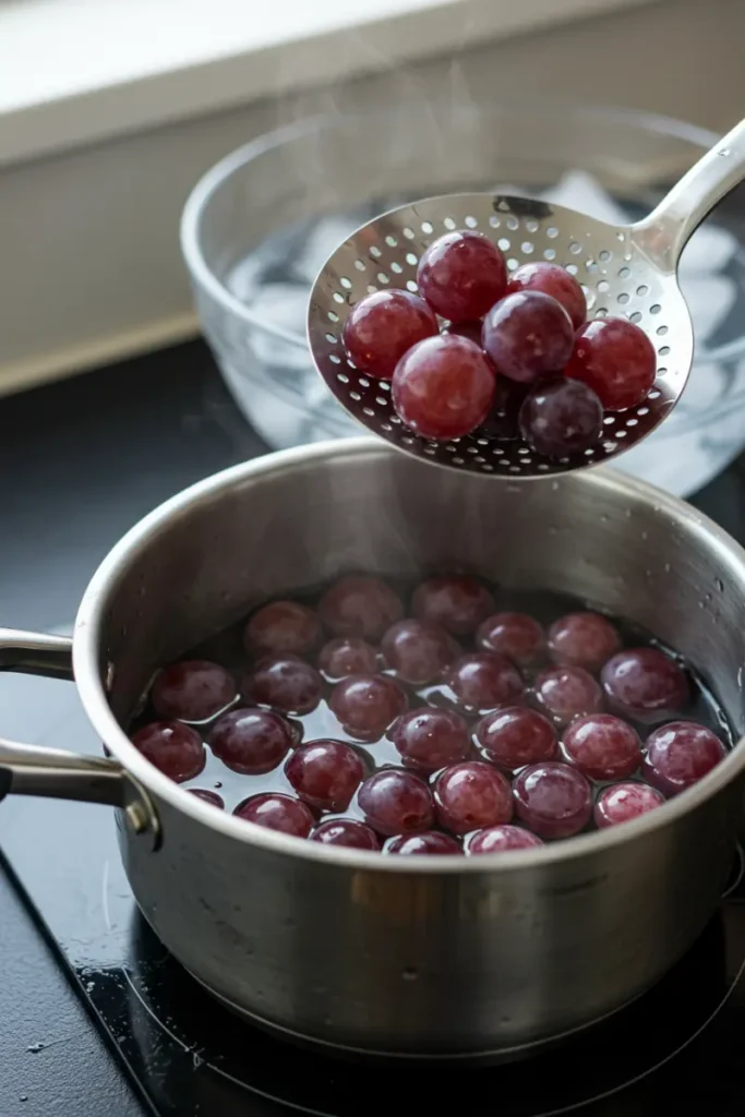 Grape Shaped Pastry 3 Blended grape puree and diced grapes on a kitchen counter