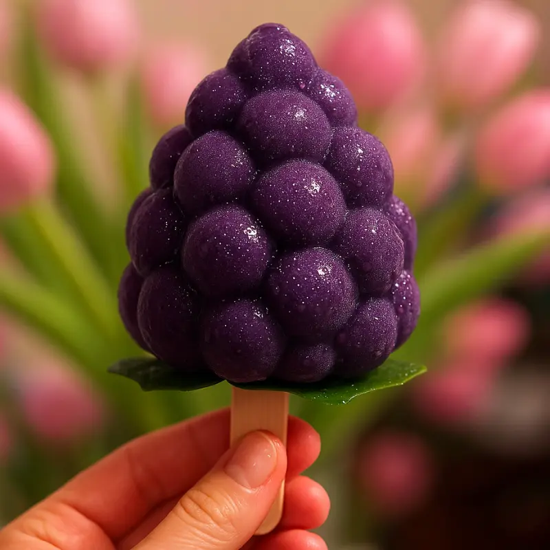 Grape Shaped Ice Cream: Easy Recipe & Where to Buy 10 A homemade grape shaped ice cream held in hand with blurred flowers in the background