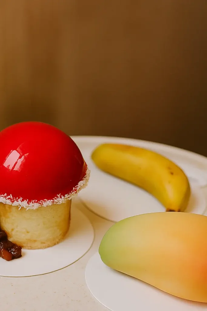 Fruit Shaped Dessert – 8 Easy Ways To Impress Guests At Home 13 Banana shaped dessert next to glossy red mousse and mango-shaped treat on ceramic plates