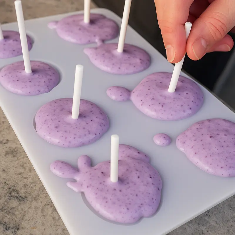 Grape Shaped Ice Cream: Easy Recipe & Where to Buy 14 Popsicle sticks being inserted into creamy grape shaped ice cream molds