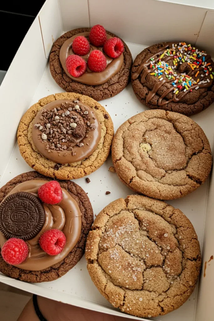 Kardashian Inspired Crumbl Cookie Flavors to Try Now 5 Six assorted Kardashian Crumbl Cookies including chocolate, raspberry, cinnamon, and sprinkle-topped varieties in a white box