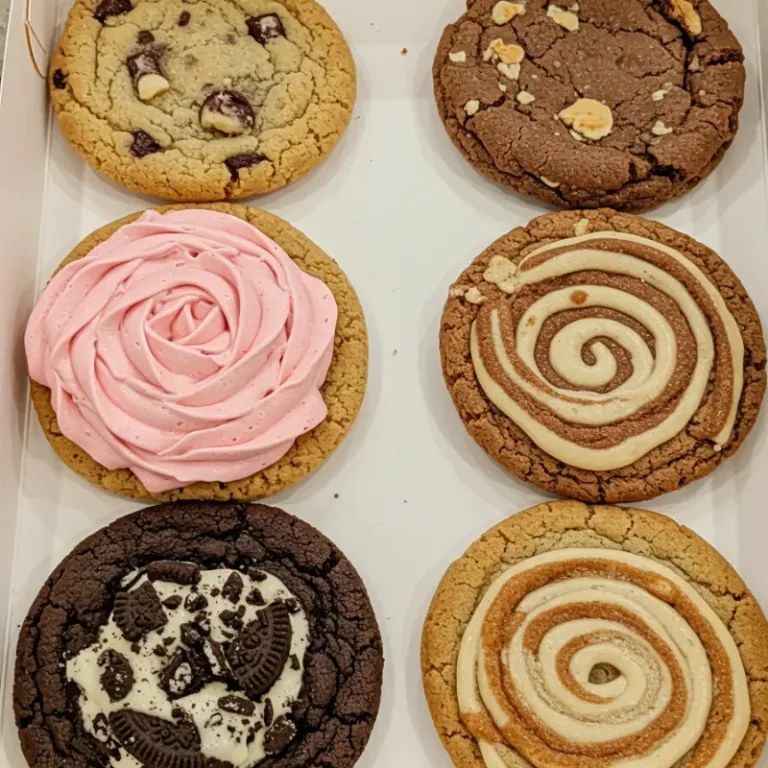 Kardashian Inspired Crumbl Cookie Flavors to Try Now 4 Open Crumbl cookie box with Kardashian-themed cookies on a countertop