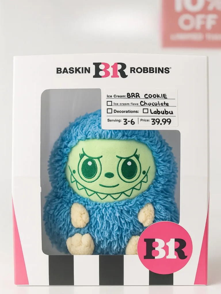 Labubu Cake Baskin Robbins Price Guide (USA + Singapore) 3 Blue Labubu cake with green face labeled with $39.99 tag inside display case