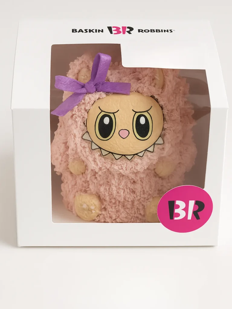 Labubu Cake Baskin Robbins Price Guide (USA + Singapore) 1 Labubu cake inside Baskin Robbins packaging with birthday tag and cream-colored frosting