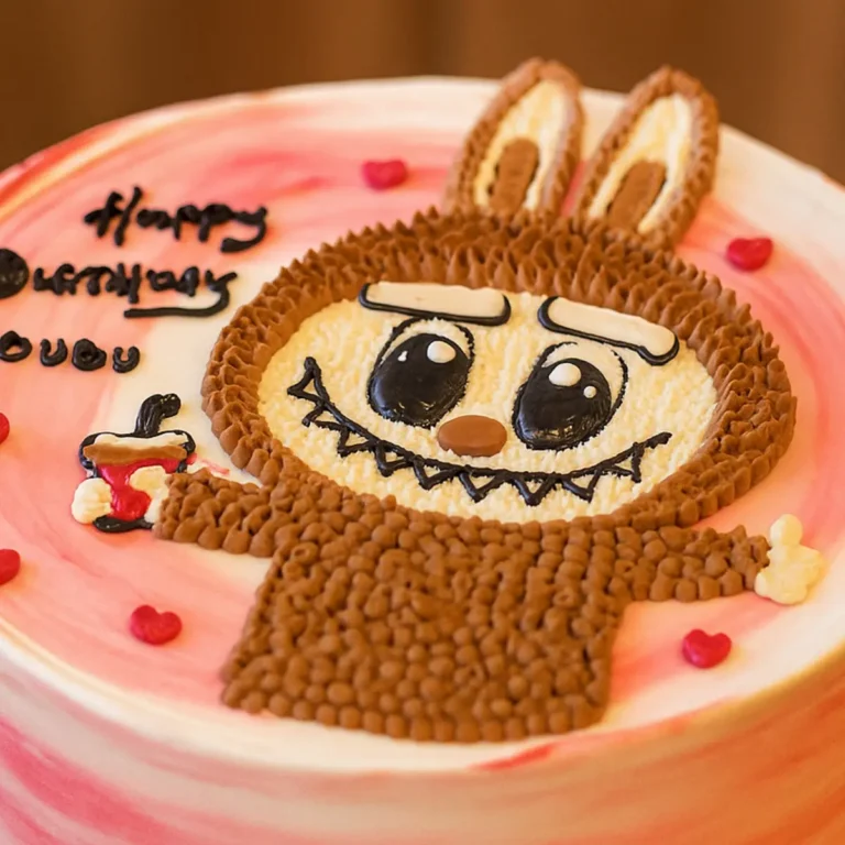 Labubu Cake Topper Ideas That Will Make You Smile Big 8 Buttercream Labubu cake topper on a pink swirl frosted birthday cake