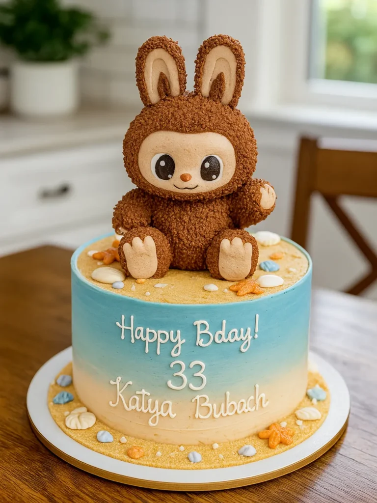 Labubu Cake Topper Ideas That Will Make You Smile Big 10 Labubu cake topper on a blue cake with sandy top and fondant seashells