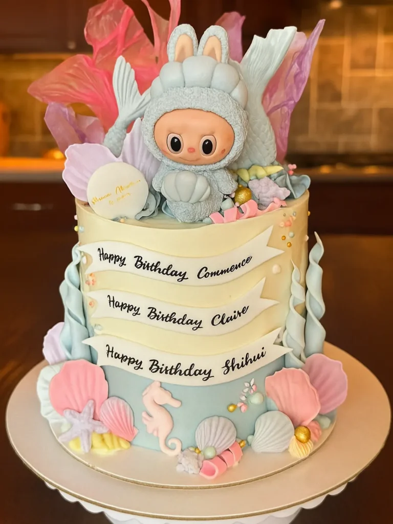 Labubu Cake Topper Ideas That Will Make You Smile Big 9 Labubu cake topper sitting on a floral birthday cake in pink tones