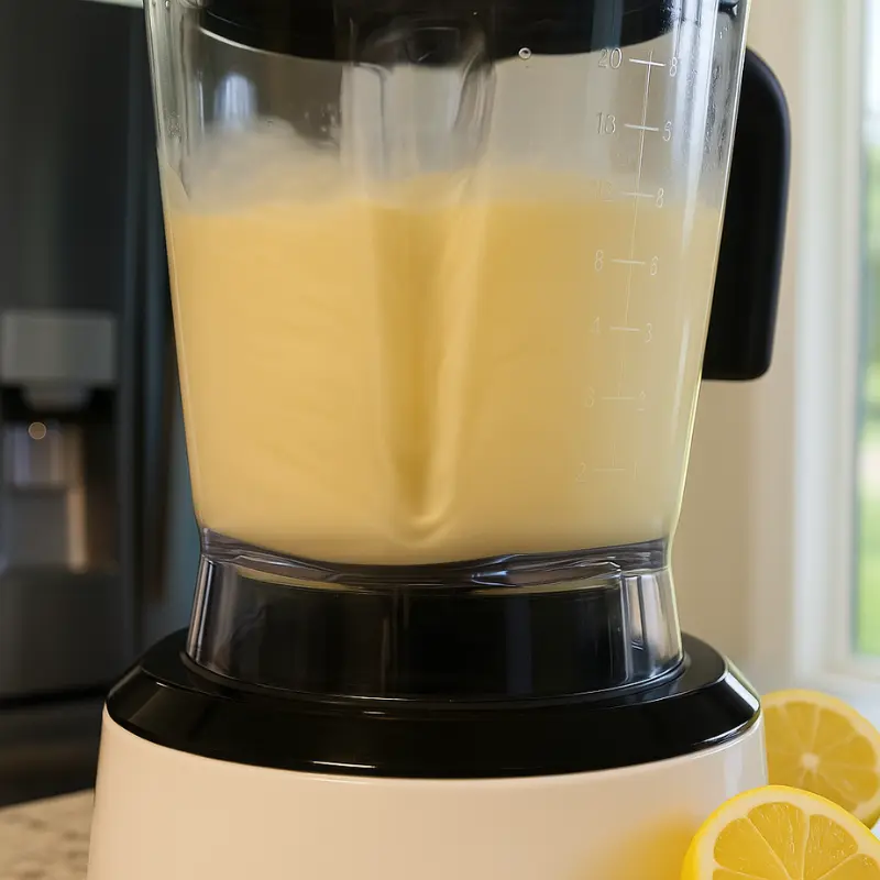 Propitious Lemon Shaped Ice Cream 20 Blender mixing chopped lemon and condensed milk into smooth puree