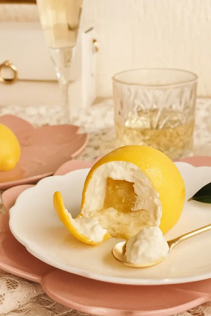 Lemon Shaped Pastry 8 Fork cutting into layered lemon shaped dessert with mousse and sponge