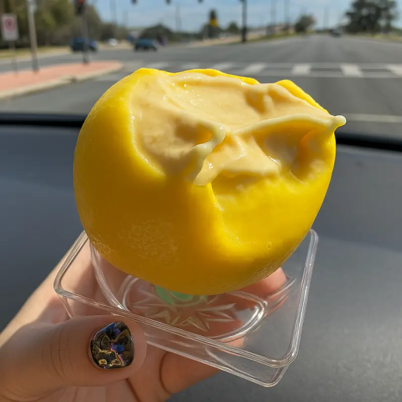 Propitious Lemon Shaped Ice Cream 26 Propitious lemon ice cream bar cracked open to show creamy center