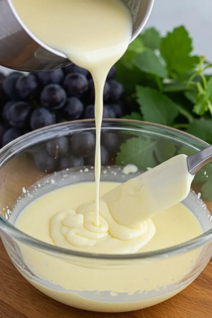 Grape Shaped Pastry 7 Lemon verbena cream being poured onto white chocolate