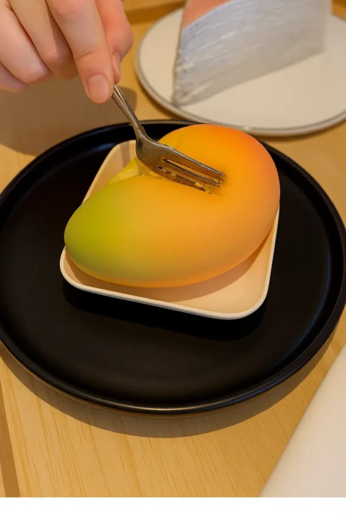 Mango Shaped Pastry 11 Elegant mango-shaped dessert served in a modern café setting