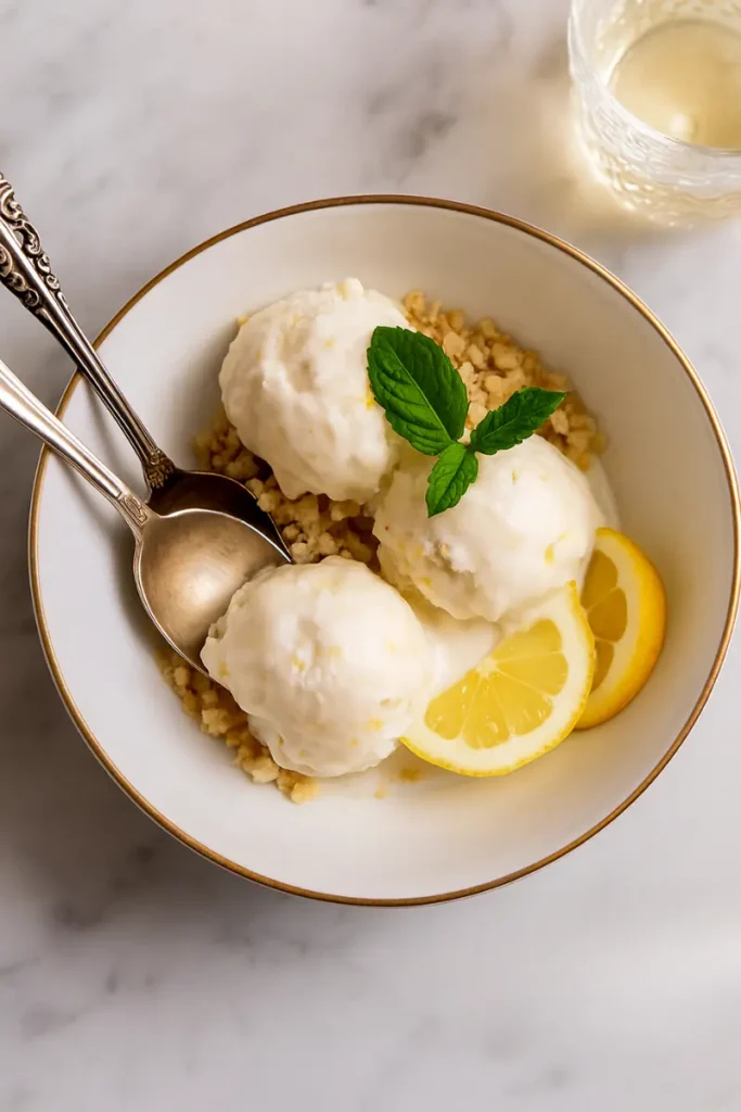 Meyer Lemon Ice Cream Magic: Rich, Lush & Dairy-Free 10 Three scoops of meyer lemon ice cream made with coconut milk and garnished with thyme