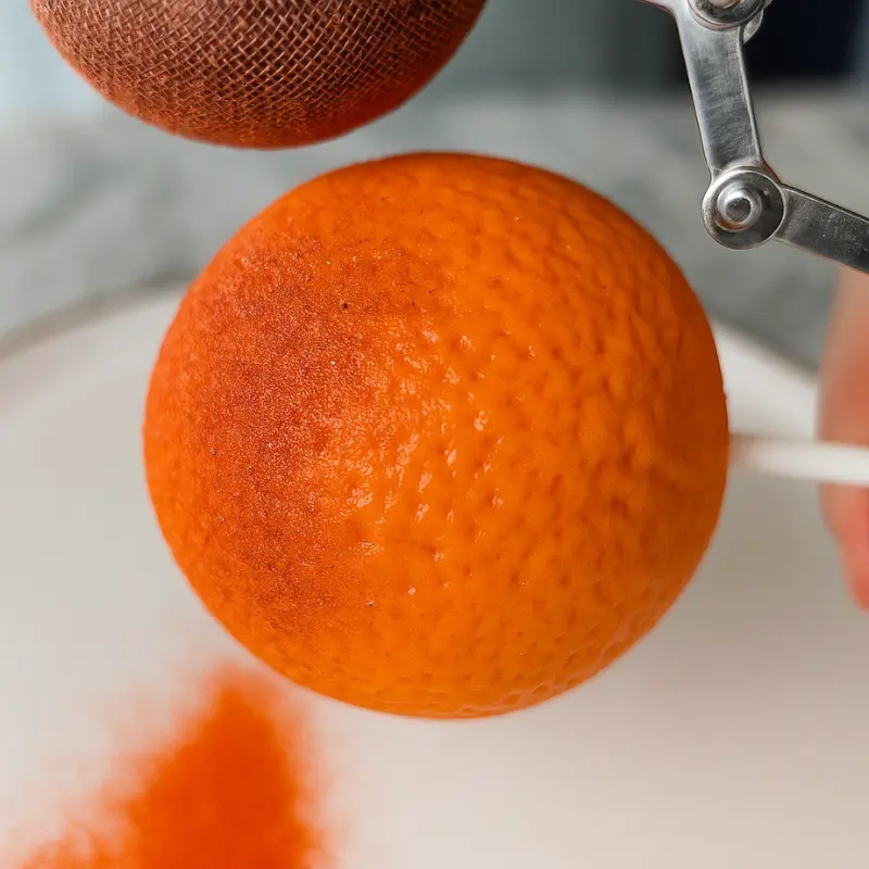 How To Make Orange Shaped Ice Cream 15 dust being sprinkled onto orange shaped ice cream on a stick