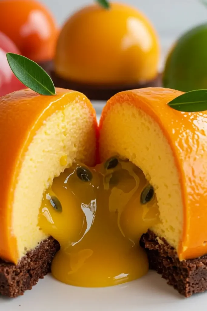 Fruit Shaped Pastries 9 Orange-shaped mousse pastry cut open with filling oozing out