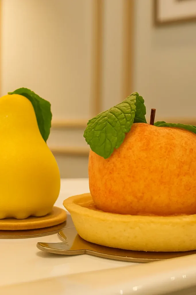 Fruit Shaped Dessert – 8 Easy Ways To Impress Guests At Home 12 Mini fruit shaped tarts with pear and peach designs topped with mint leaves