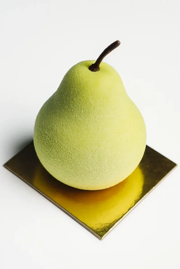 Pear Shaped Pastry 22 Dessert being sprayed with white chocolate coating