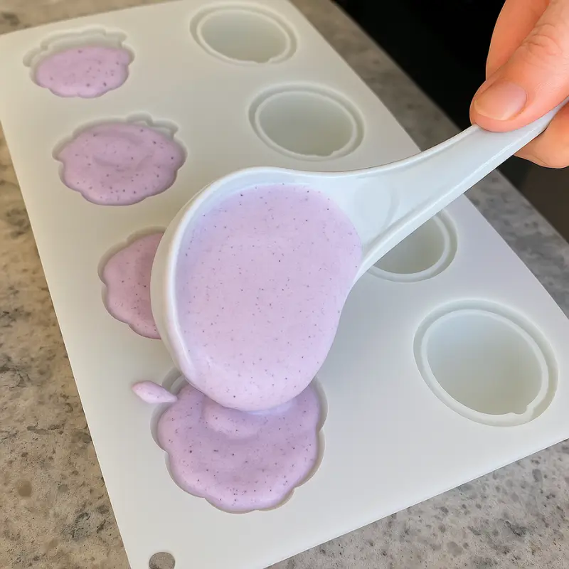 Grape Shaped Ice Cream: Easy Recipe & Where to Buy 13 Creamy ice cream mix being ladled into grape shaped silicone molds