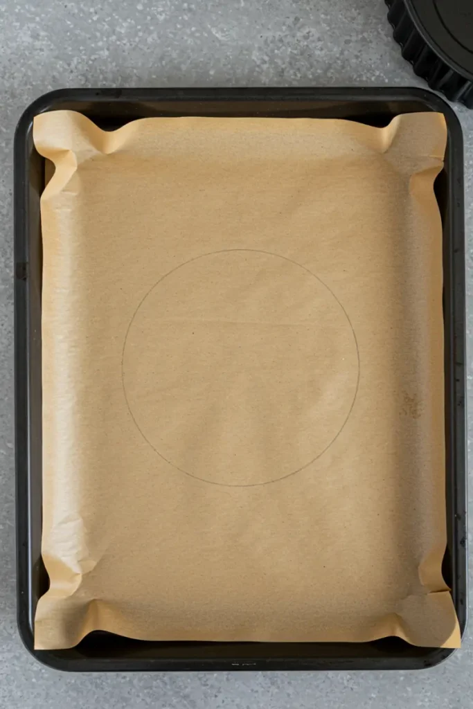 Nigella Chocolate Pavlova: Make Easy Sweet Recipe 15 Baking tray lined with parchment and a pencil outline of a 9-inch circle