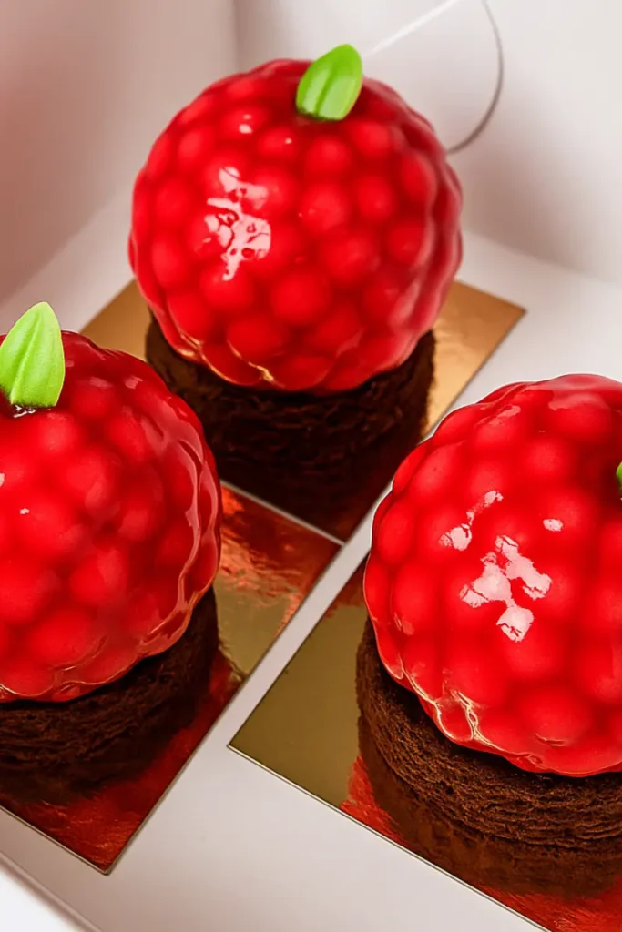 Fruit Shaped Dessert – 8 Easy Ways To Impress Guests At Home 10 Shiny raspberry dome mousse cakes with chocolate base and edible green leaves